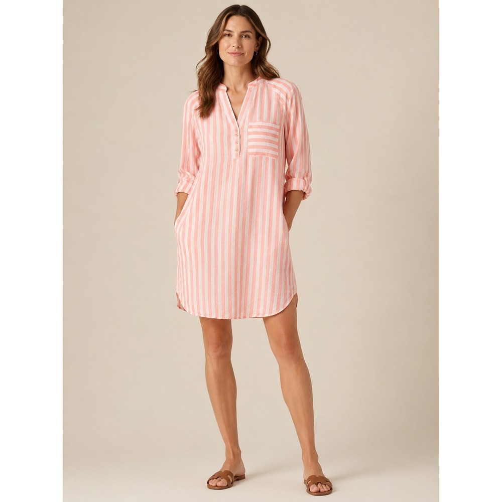 Martha Stewart Womens Linen Striped Shirt Dress XS Pink Summer Coastal Beach